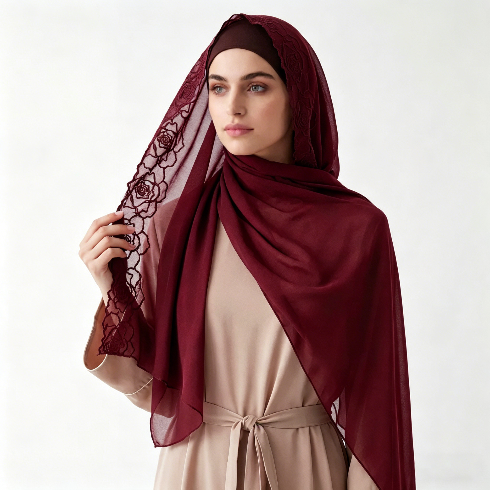 Hijab en mousseline brodé de roses pour femme musulmane, châle long, écharpe longue, turban islamique, foulard de mariage