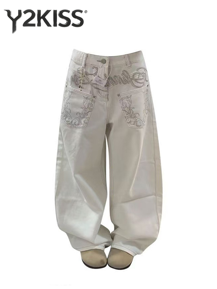 Jean baggy blanc pour femme, brodé, coupe large, style Y2K, Harajuku japonais, années 2000, rétro américain, grunge, tendance High Street, nouveauté
