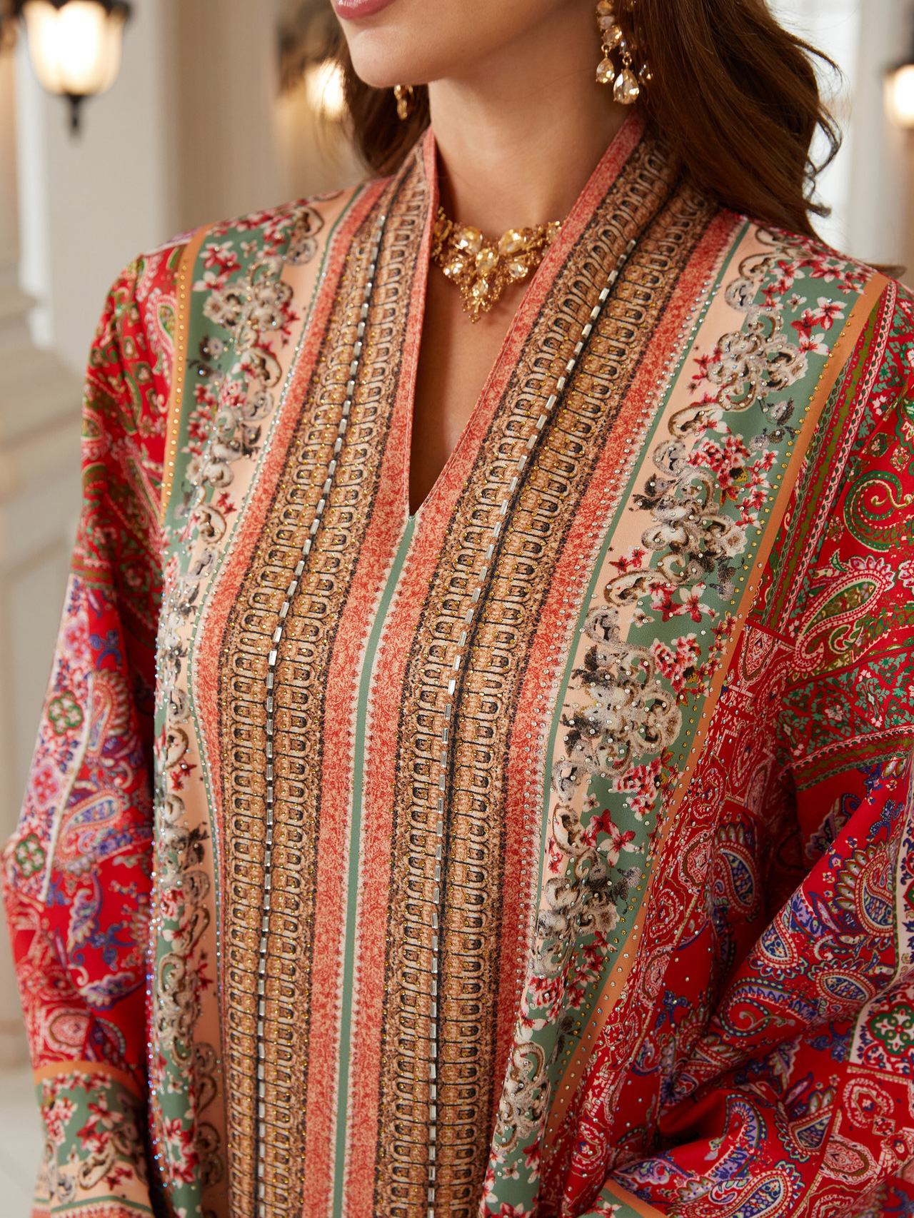 Abaya Eid Ramadan pour femmes, imprimé paisley, strass, kaftan à manches longues, taille haute, coupe ample, robe longue de fête musulmane de style Dubaï marocain