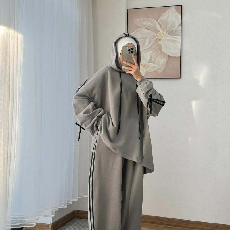 Costume musulman pour femmes, haut à capuche, pantalon à jambes larges, ensemble 2 pièces, sweat-shirt à capuche, tenues sportives à rayures, survêtement