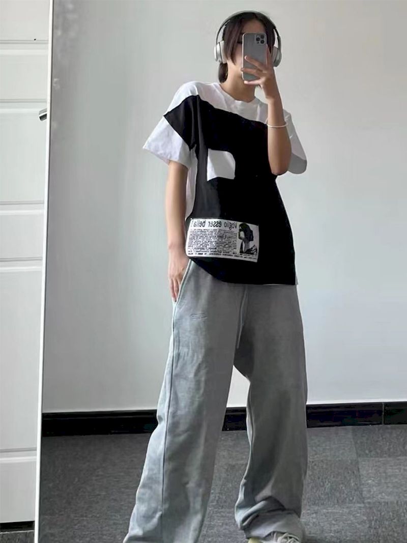 T-shirt patchwork à manches courtes pour hommes et femmes, haut décontracté, noir, blanc, tendance, été, Y2K, mode, 2 pièces