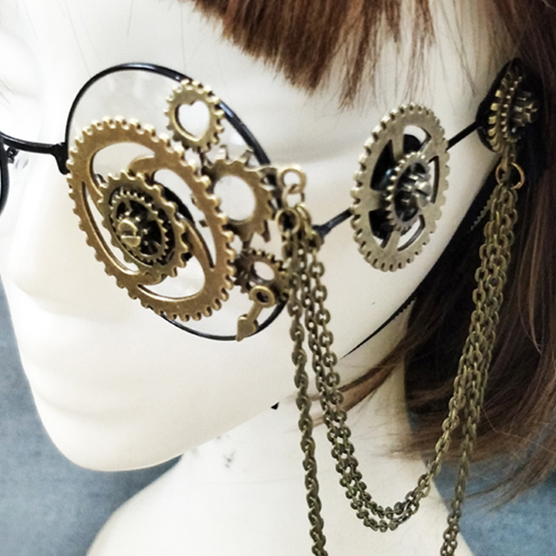 Lunettes pour femmes Steampunk rétro cadre rond Lolita engrenages chaîne décor gothique lunettes Cosplay Halloween fête hommes lunettes