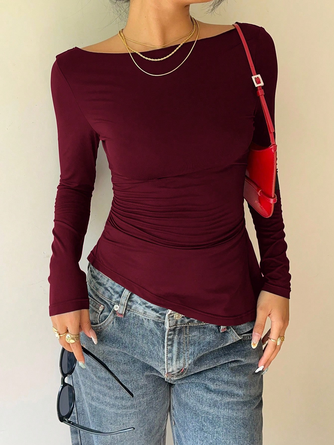 Femmes élégant dentelle Patchwork arc décorer à manches longues T-Shirt décontracté asymétrie ourlet coupe ajustée col bateau plissé hauts 2026