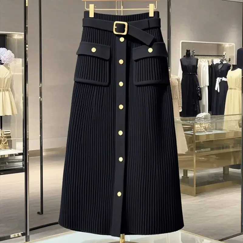 Jupe tricotée élégante haut de gamme pour femmes, tenue de bureau, taille haute, mode, simple boutonnage, Slim, enveloppée sur les hanches, mi-longue, nouvelle collection
