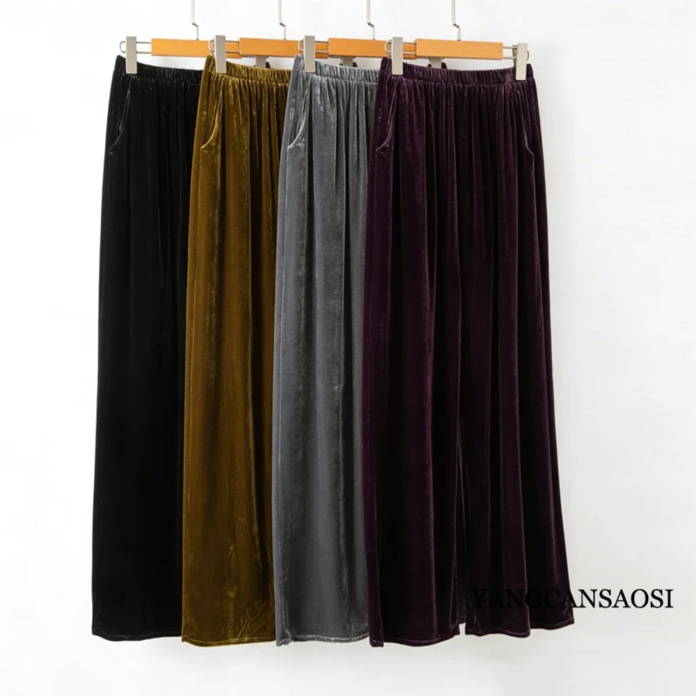 Pantalon en velours de soie de mûrier naturelle 30%, pantalon à jambe droite avec poche à taille élastique à la mode pour femmes, nouveau printemps 2026
