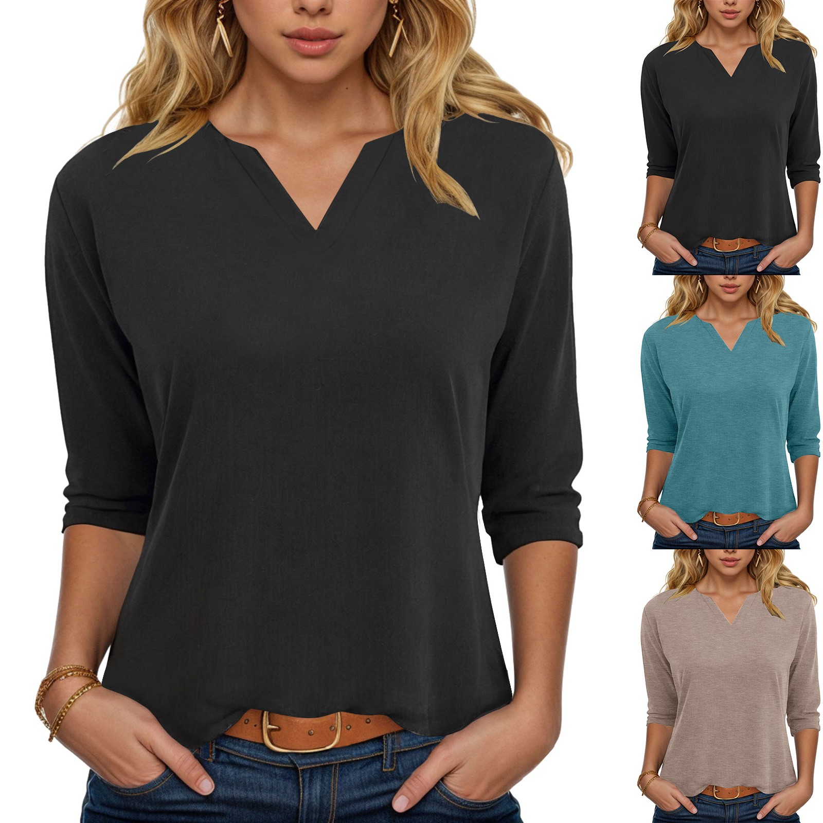 Printemps travail hauts 2025 femmes col en V 3/4 manches t-shirts couleur unie décontracté haut basique été coupe ample pull coton chemise