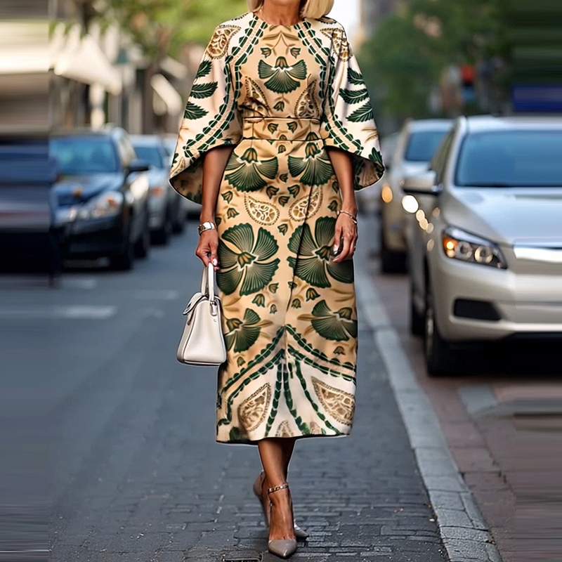 Robe de vacances décontractée, col rond, taille haute, imprimé floral, coupe cintrée, robe de soirée élégante, manches longues, style bohème, 2025