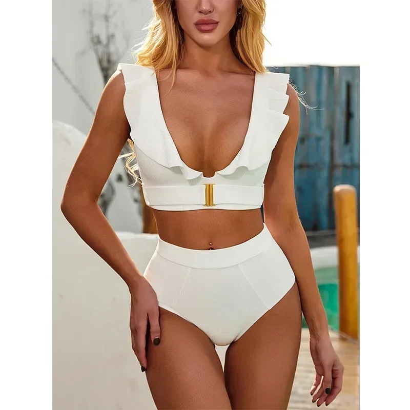 Nouveau Maillot de Bain Sexy Femme 2026 Blanc avec Volants, Col en V, Boucle Métallique, Taille Haute, Ensemble Bikini de Plage Push-Up