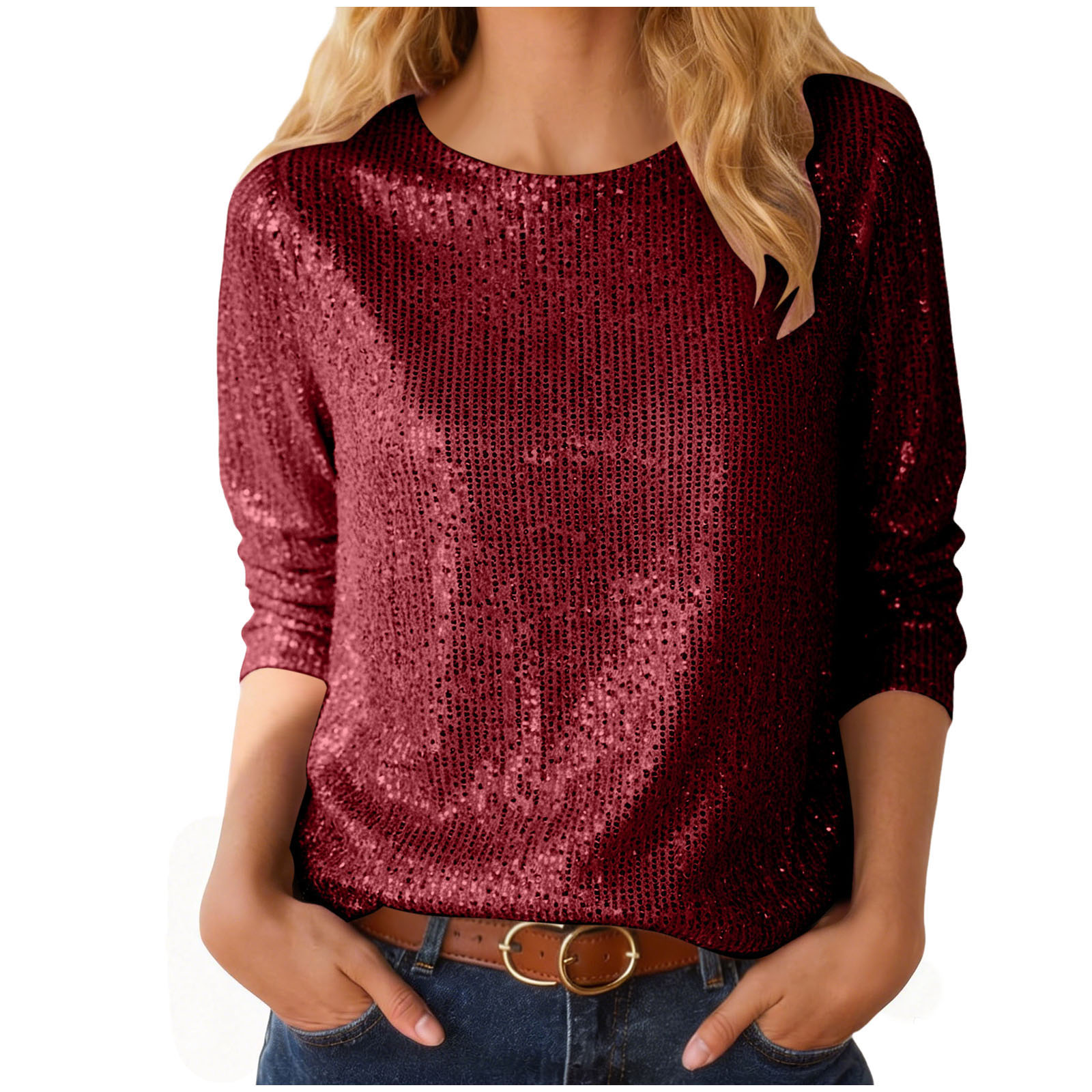 T-shirts à paillettes pour femmes Printemps et été Manches 3/4 Pulls Tops féminins Col rond Brillant Paillettes Tops Carnaval Clubwear