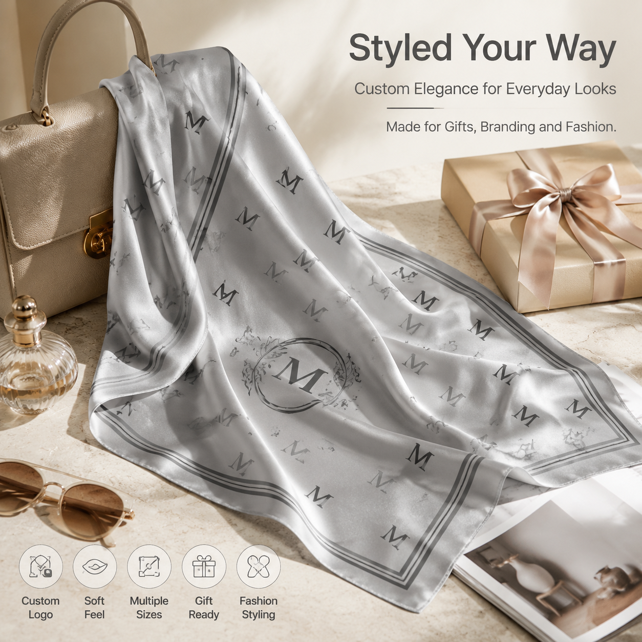Écharpe en soie personnalisée avec impression de logo photo, écharpe carrée en satin, accessoire de mode pour le cou et les cheveux, cadeau
