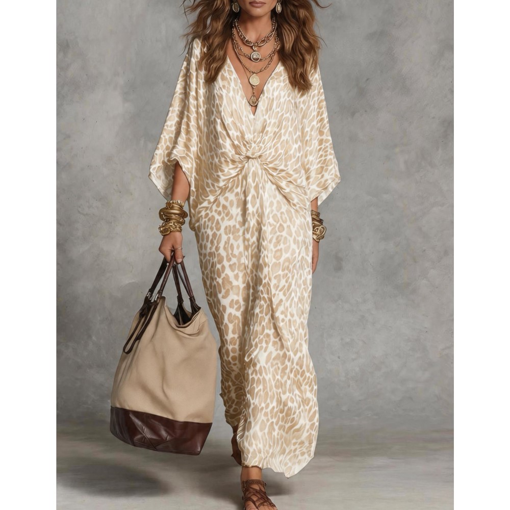 Robe élégante pour femme à imprimé léopard, col en V profond, décontractée, à manches chauve-souris 7/8, pour le printemps et l'automne, idéale pour les vacances