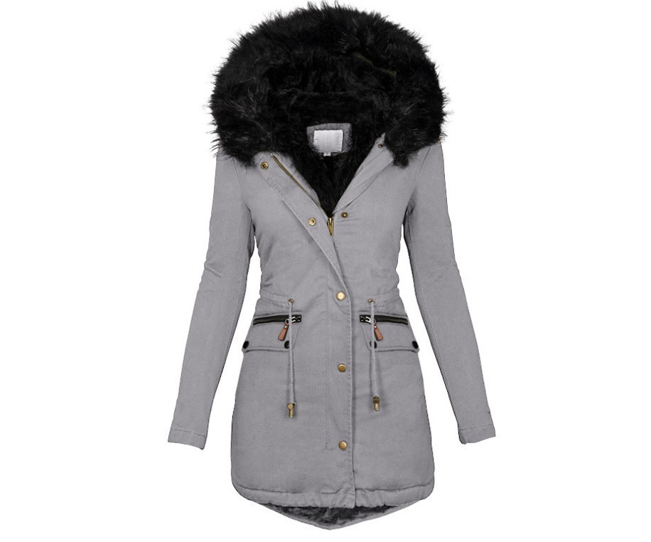 Manteau en laine pour femme, automne-hiver 2026, couleur unie, col en fourrure, capuche, épais, chaud, rembourré en coton, pour vêtements féminins