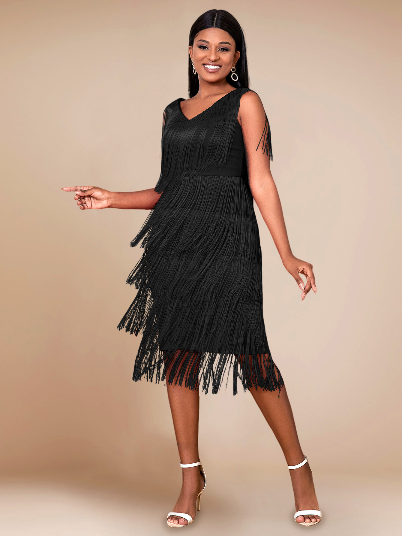 AOMEI gland robes fête col en V sans manches taille haute femmes frange danse soirée robes d'anniversaire Sexy Club nouvelle Robe africaine