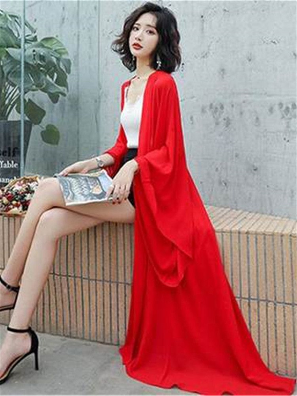 Kimono en mousseline de soie pour femme, cardigan blanc noir et rouge, protection solaire, manches longues chauve-souris, été