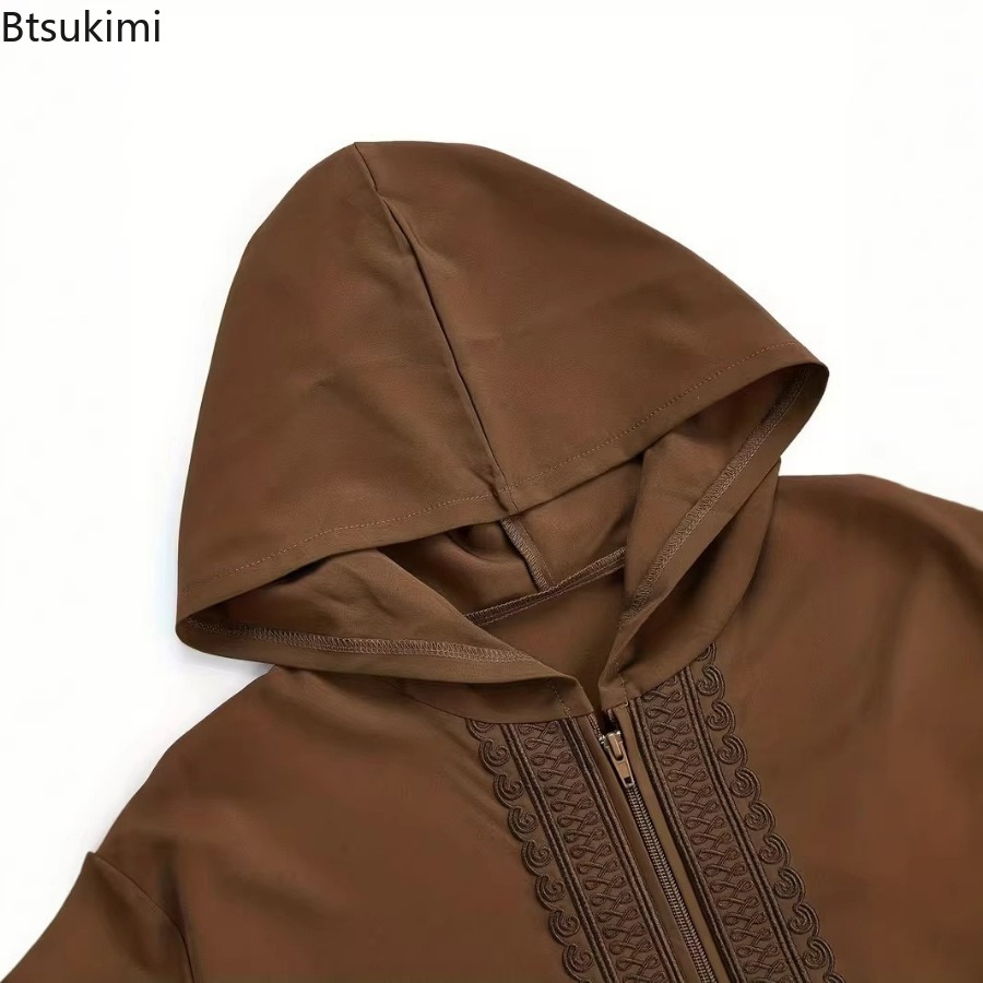 Nouvelle Robe Longue Homme Jubba Thobe Broderie Abayas à Capuche Moyen-Orient Musulman Solide Modeste Maroc Dubaï Abayas Printemps Épissées