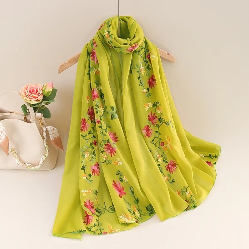 Écharpe longue printemps-été en coton et lin, brodée, double usage, pour femme, style littéraire national, châle de voyage anti-UV