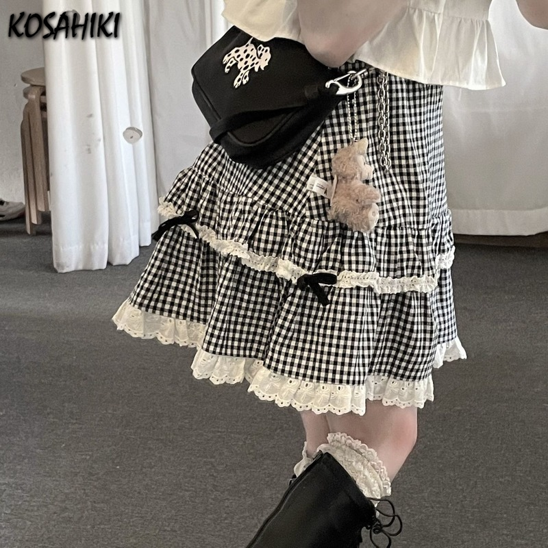 KOSAHISTOYLE-Jupe en dentelle à carreaux pour femmes, taille haute, robe de Rh, élégante, style japonais, assortie avec tout, mignonne, mini, mode, été