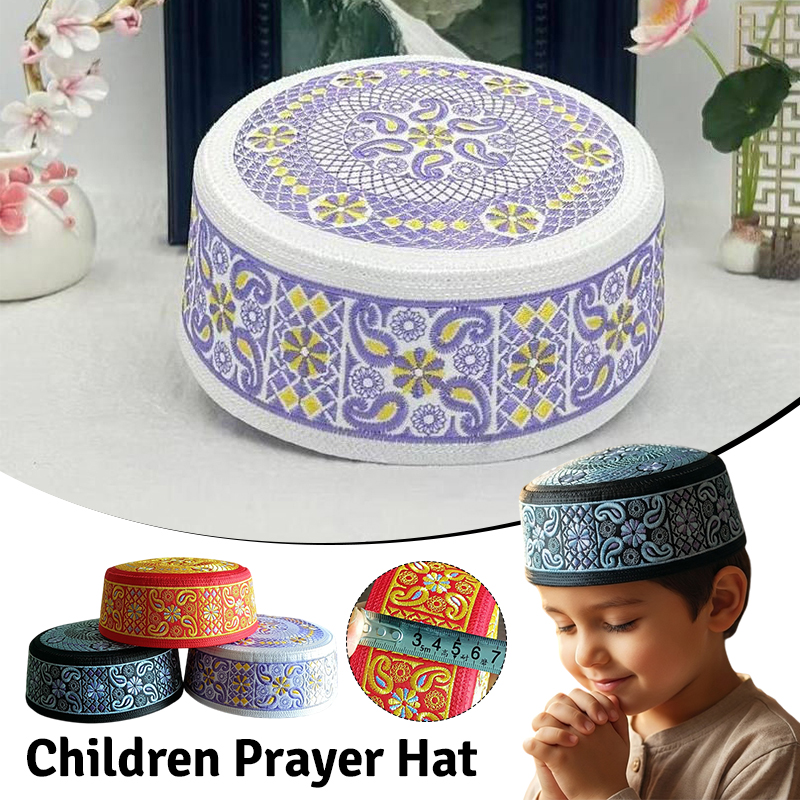 Chapeau plat brodé ethnique pour enfants, accessoire de costume, chapeau de prière musulman, hijab islamique, casquettes de prière turques arabes pour l'Aïd