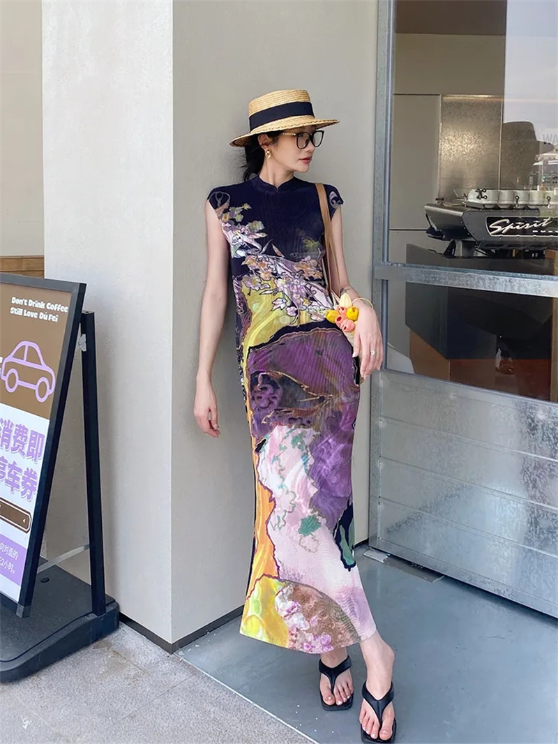Robes pour femmes vêtements pour femmes Miyake robe imprimée plissée de haute qualité jupe Cheongsam de Style National chinois jupe en queue de poisson été