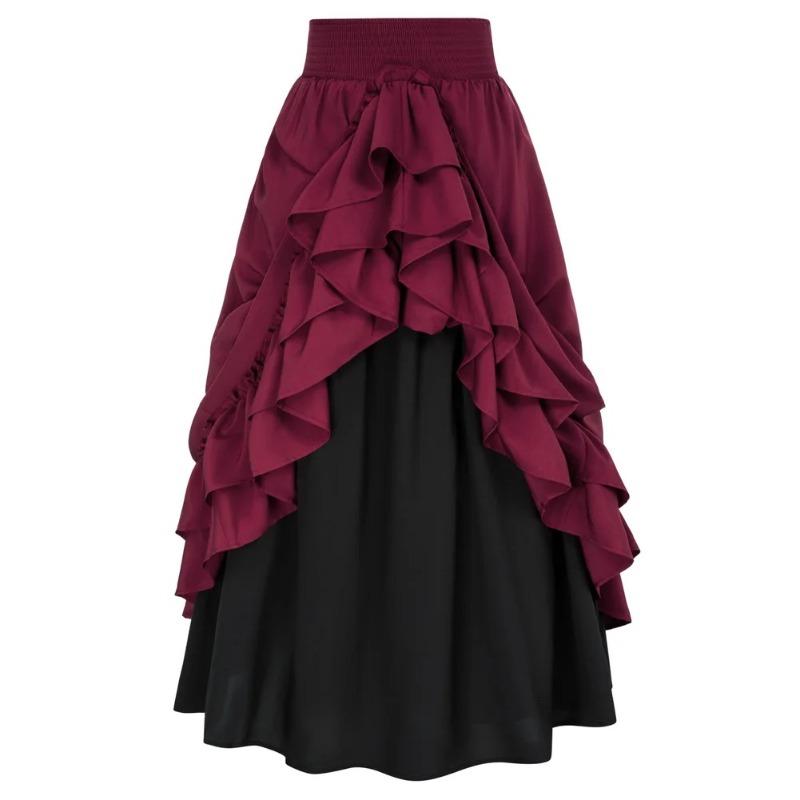 Jupe Longue à Volants pour Femme, Costume Renaissance Décontracté, Bouton Couche, Dos Double, Froncé, Taille artificiel astique, Bande Maxi Longueur