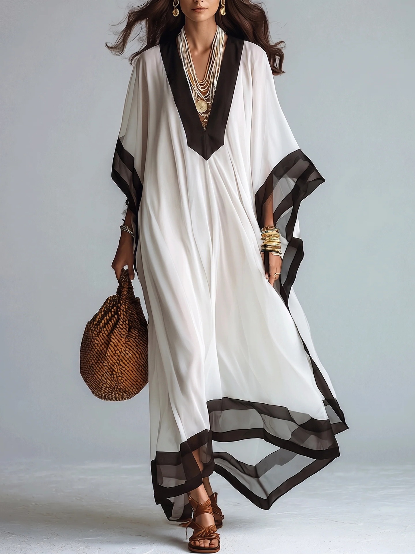 Robe longue kaftan pour femme en mousseline, col en V, manches chauve-souris, coupe ample, avec bordure contrastante blanc et noir, idéale comme tenue de plage ou robe décontractée de vacances