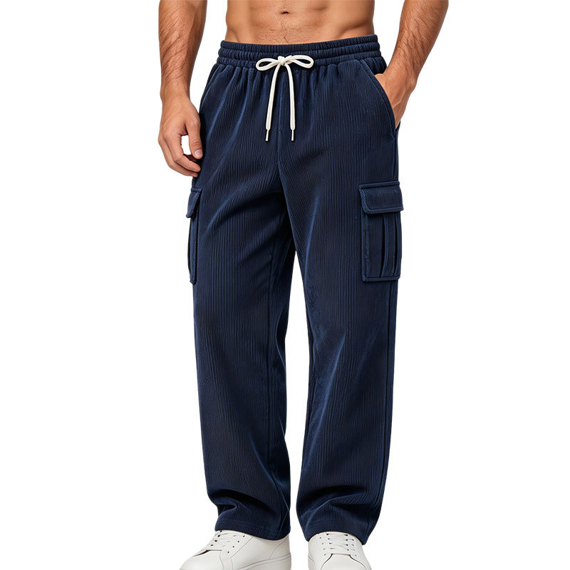 Pantalon cargo en velours côtelé pour homme, taille élastique avec cordon de serrage, multi-poches, coupe ample, décontracté, pantalon de sport pour usage quotidien et streetwear.