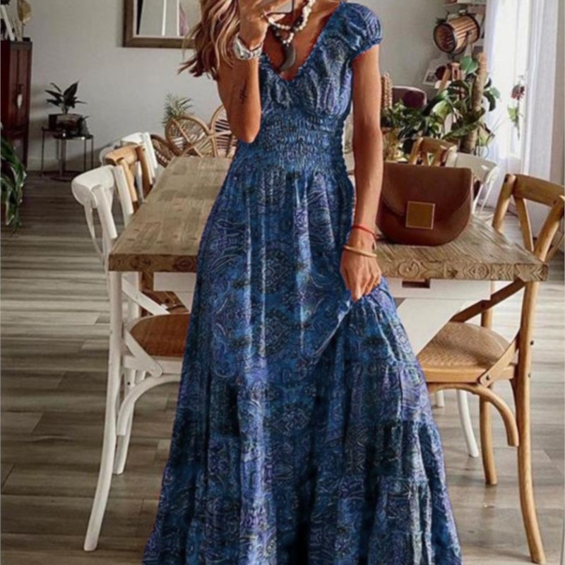 Robe d'été imprimée de Style ethnique pour femmes, manches courtes, taille, à la mode, manches pétales florales, grand ourlet, robe trapèze