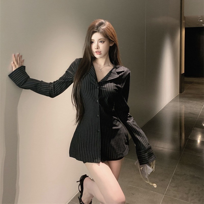 Chemise rayée de Style coréen pour femmes, rétro, col rabattu, manches longues, Slim Fit, haut Sexy, assorti avec tout, mode populaire, automne