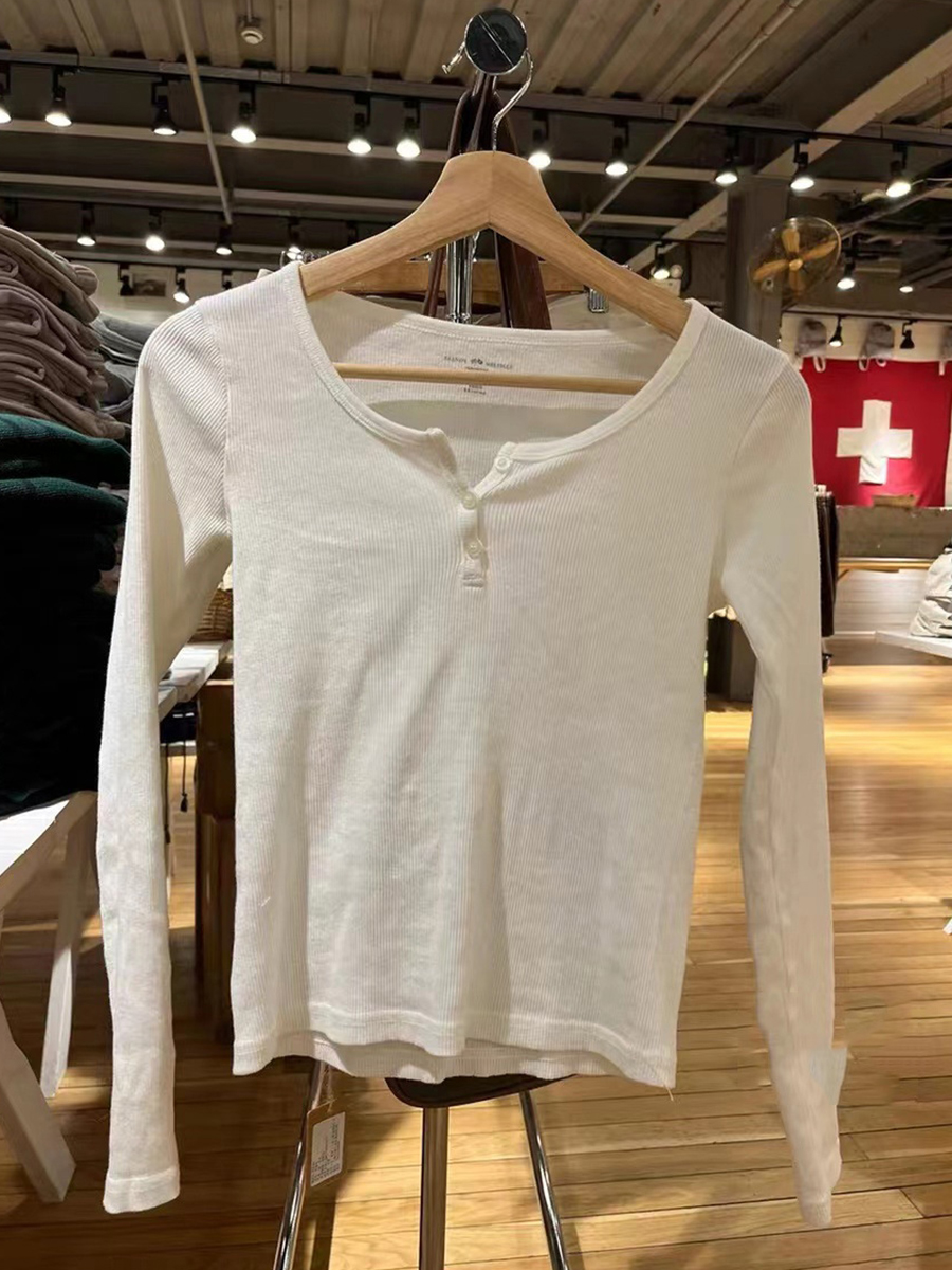 T-shirt à manches longues pour femmes, col rond, en coton doux, côtelé, boutons, Vintage, uni, Simple, Streetwear, Y2k, 2023