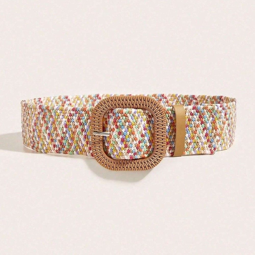 Ceinture de taille tendance à boucle ronde, ceinture en paille bohème, ceinture tissée bohème avec boucle elliptique et perles décoratives pour femme, idéale pour la plage et les vacances