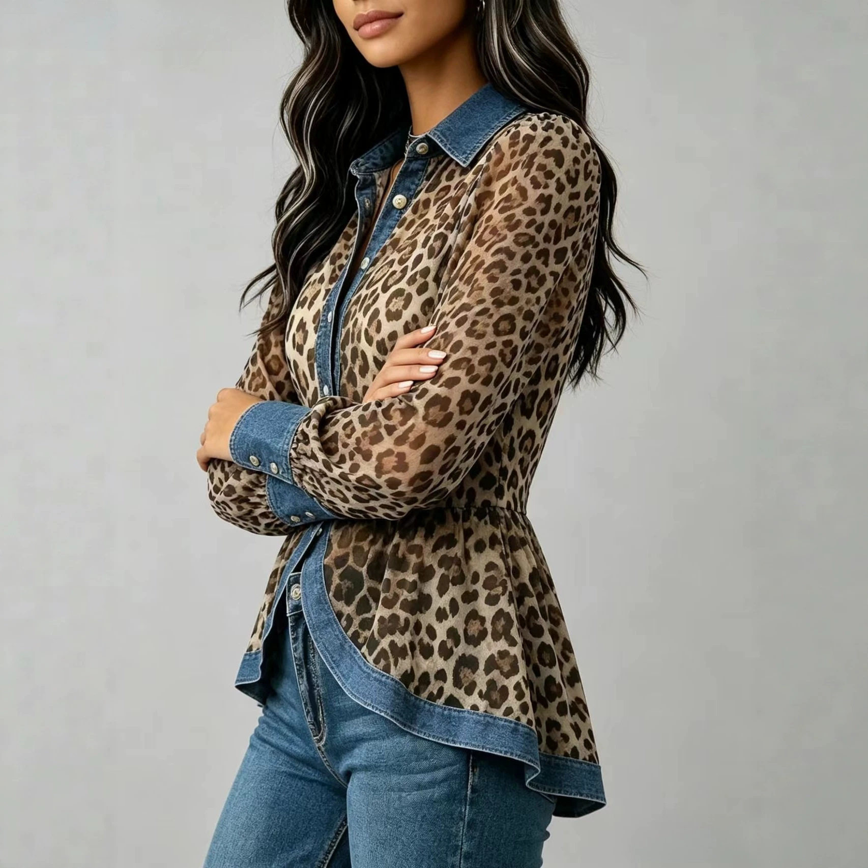 Chemisier Peplum en Chiffon Transparent Imprimé Léopard pour Femme, Chemise à Manches Longues Boutonnée avec Empiècements en Jean, Style Western Décontracté