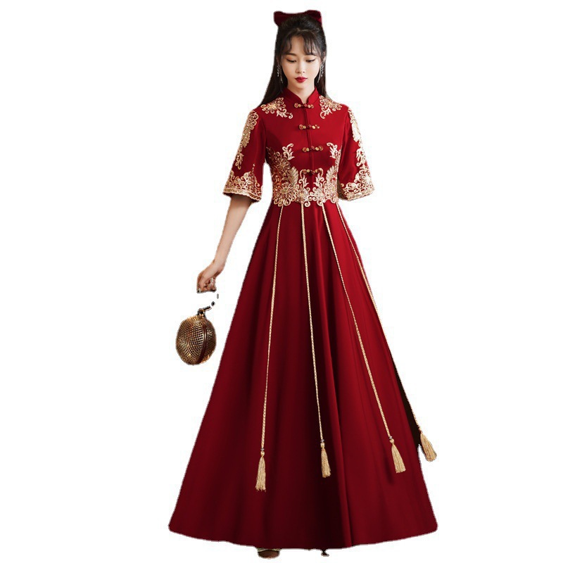 Robe Qipao longue en Satin pour femmes, bordeaux, Cheongsam, Style chinois, élégante, Sexy, Slim, XS-XXXL