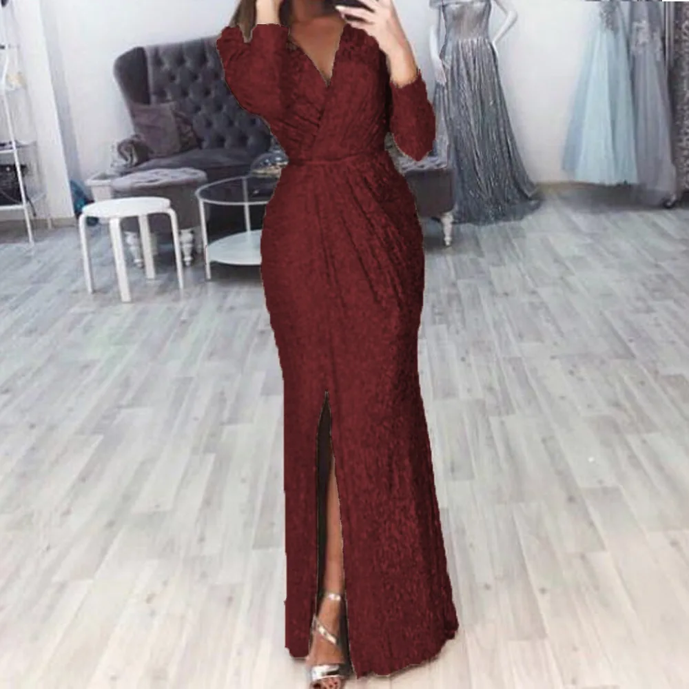 Robe de soirée froncée à paillettes pour femmes, fente haute, à paillettes, décolleté en V profond, manches longues, Sexy, nouvelle collection été 2023