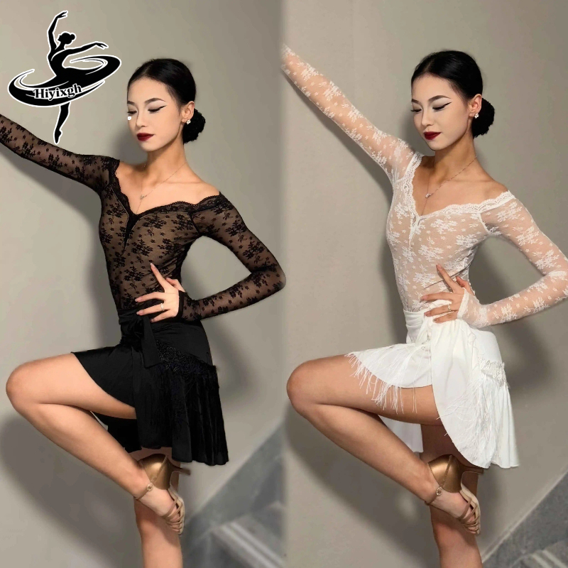 Robe de danse latine pour femmes, vêtements de danse latine, blanc, noir, dentelle, manches longues, hauts, jupe à franges, ensemble de compétition, Rumba Cha Cha, vêtements de danse