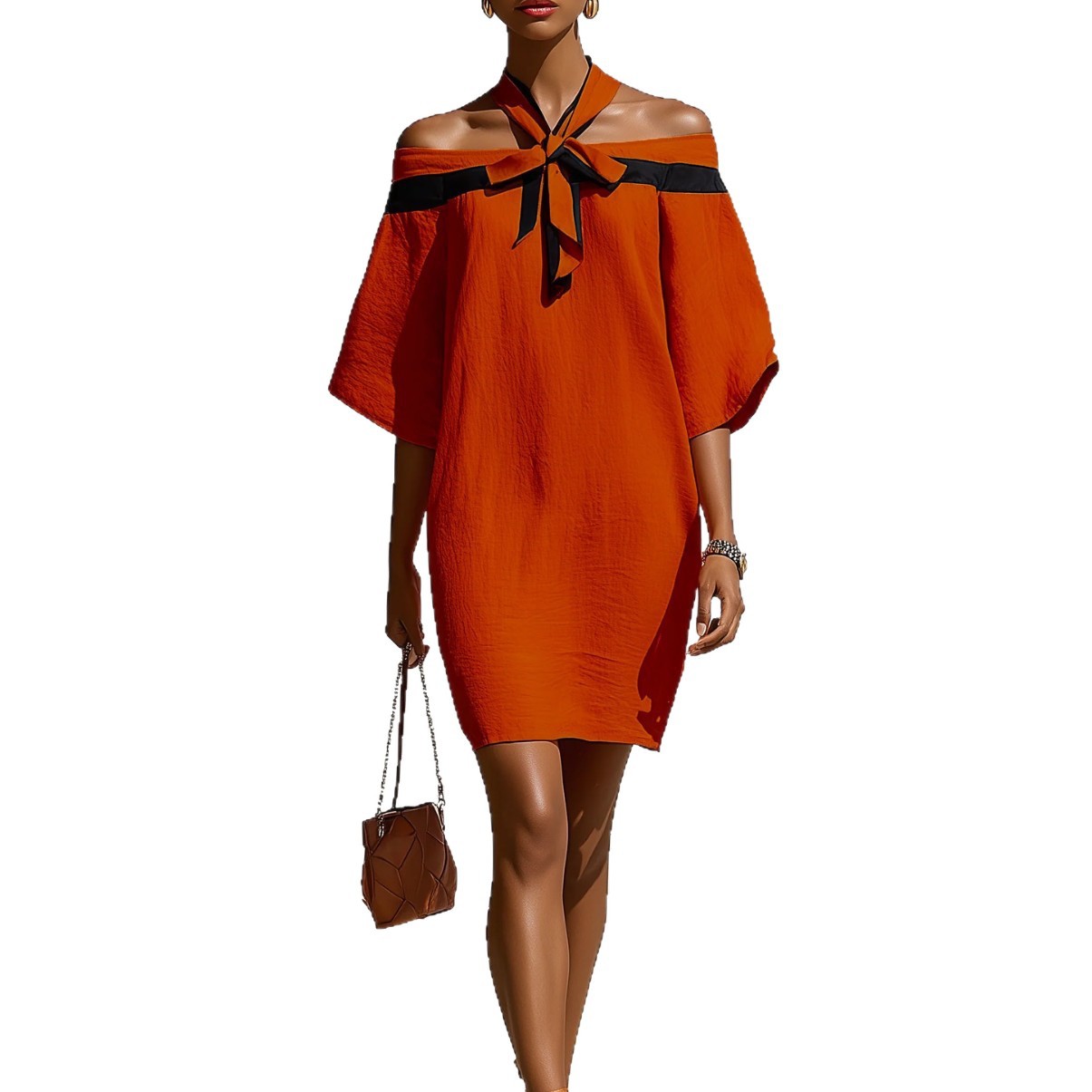 Nouvelle Robe Mini Chic Décontractée pour Femme, Élégante, Épaules Dénudées, Col Halter, Nœud, Manches Courtes, Coupe Ample, Idéale pour les Fêtes, Collection Été 2026