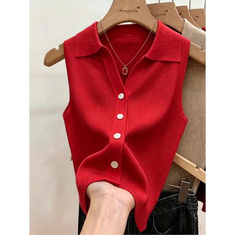 Nouvelle collection été 2026 – Gilet décontracté en maille pour femme, col rabattu, sans manches, boutonnage simple, couleur unie