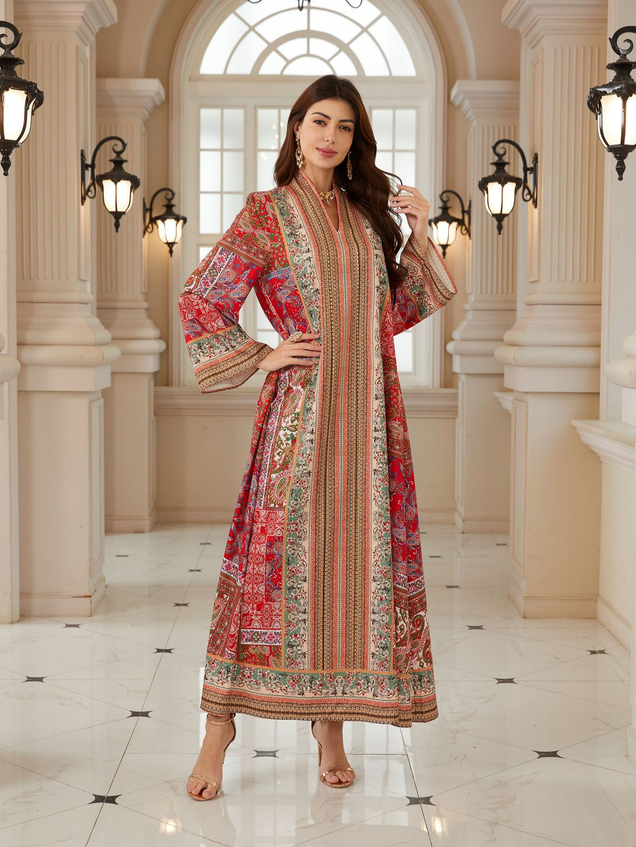 Abaya Eid Ramadan pour femmes, imprimé paisley, strass, kaftan à manches longues, taille haute, coupe ample, robe longue de fête musulmane de style Dubaï marocain