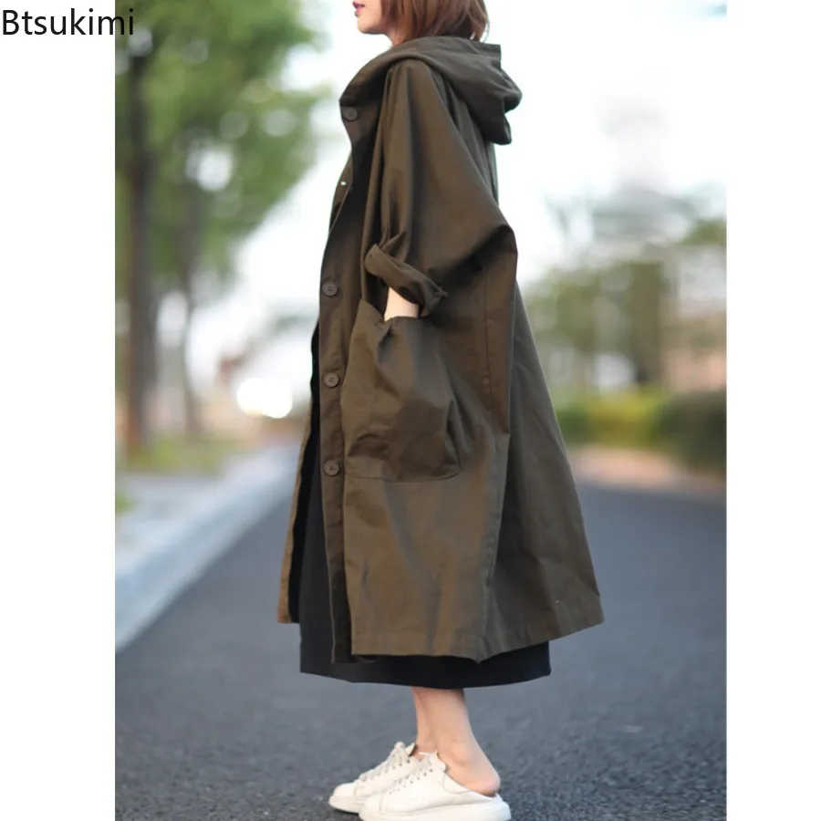 Manteau à capuche style coréen tendance 2026 pour femme, coupe ample décontractée avec grandes poches, trench-coat rétro mi-long pour femme, coupe oversize