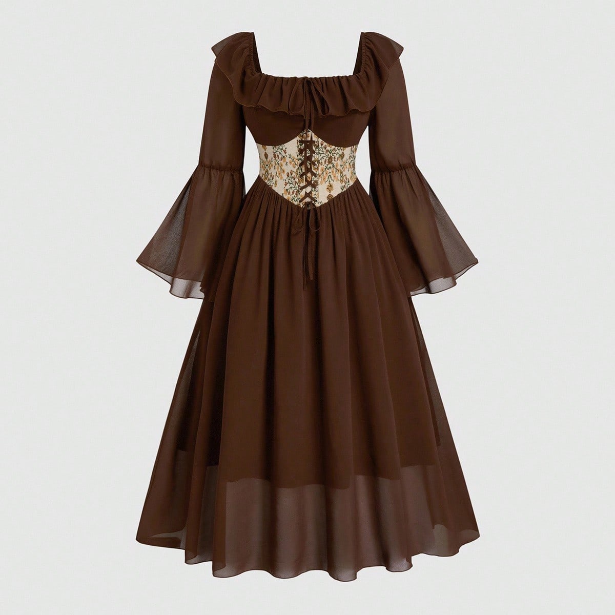 Robe vintage victorienne en mousseline pour femmes grandes tailles, col carré, bordure à volants, manches longues évasées, taille corsetée, robe midi coupe A-ligne F