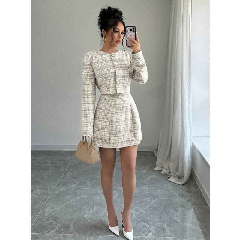 Ensemble élégant 2 pièces en tweed pour femme, automne-hiver, tenue de bureau, robe courte sans manches à carreaux et veste courte