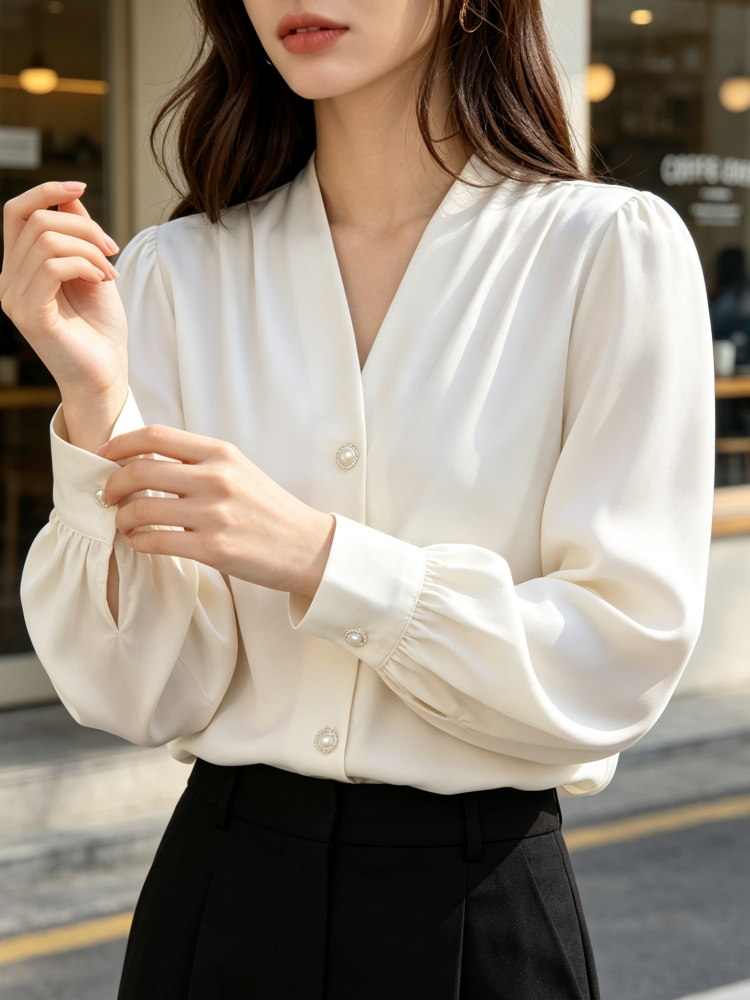 Chemisier élégant pour femme à col en V et manches longues bouffantes, chemise de bureau décontractée chic avec boutons en perles et plis sur le devant en satin