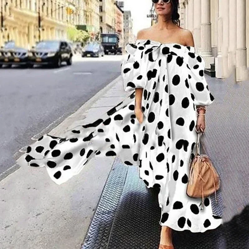 Robe longue à pois pour femmes, sexy, épaules dénudées, décontractée, vêtements de plage, printemps, été