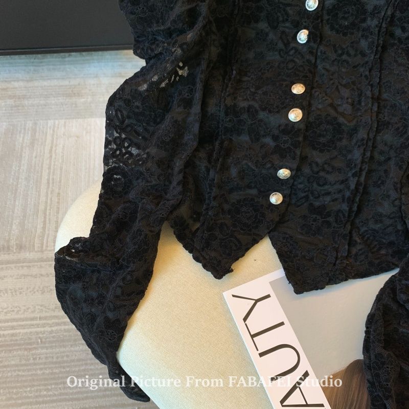 Chemisier femme chemises et chemisiers dentelle crocheté manches à bulles chemise femme printemps Plus velours rembourré col Semi-haut chemisier