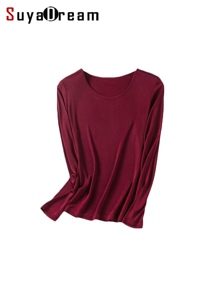 SuyaDream T-shirt basique pour femme en soie véritable, uni, manches longues, col rond, sain, TOP Automne Hiver 2025, couleur vin