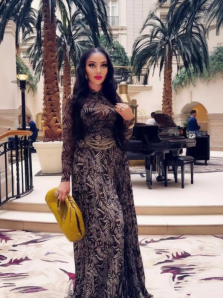 Robe longue à manches longues pour femme, imprimée, élégante, plissée, amincissante à la taille, vente en gros, livraison directe