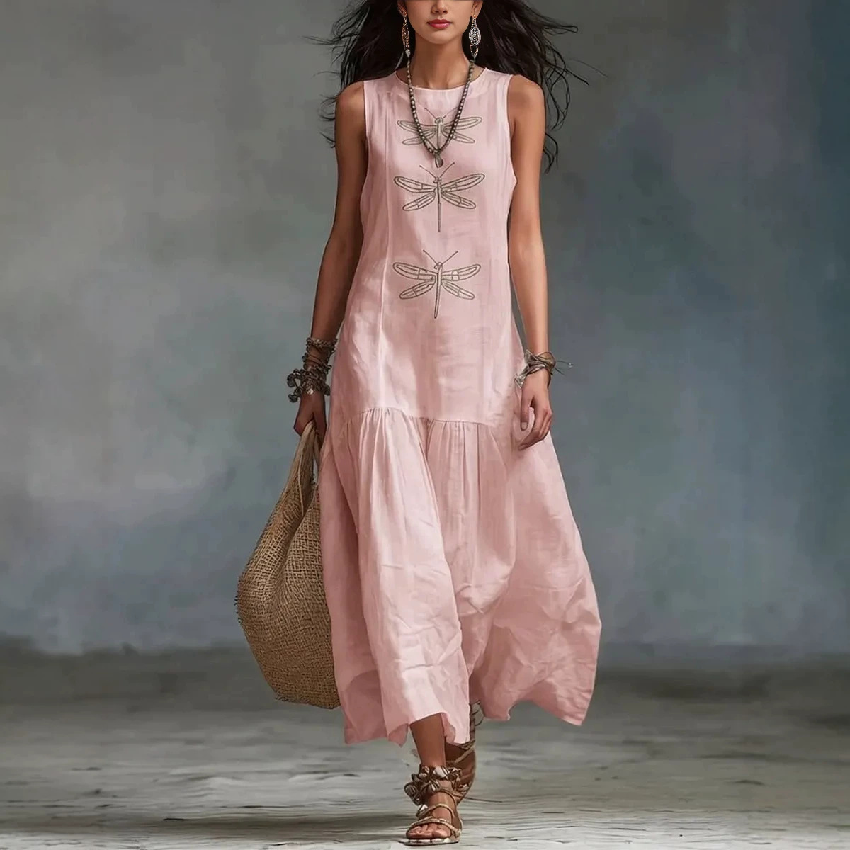Nouvelle Robe Bohème d'Été pour Femme, Col Rond Décontracté, Sans Manches, Longueur Midi, Motif Libellule, Robes Unies pour Femmes, Vestidos 2026