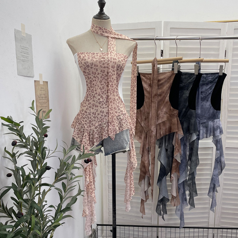 ISAROSE – Camisole d'été sans bretelles pour femme, motif léopard, maille extensible, patchwork latéral, coupe ajustée, volants asymétriques, hauts type foulard