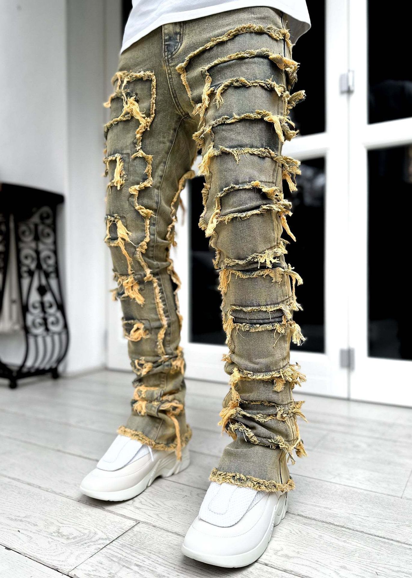 Nouvelle mode jean extensible homme jean empilé taille élastique coupe droite patchwork Denim pantalons longs frange déchiré jean pour hommes