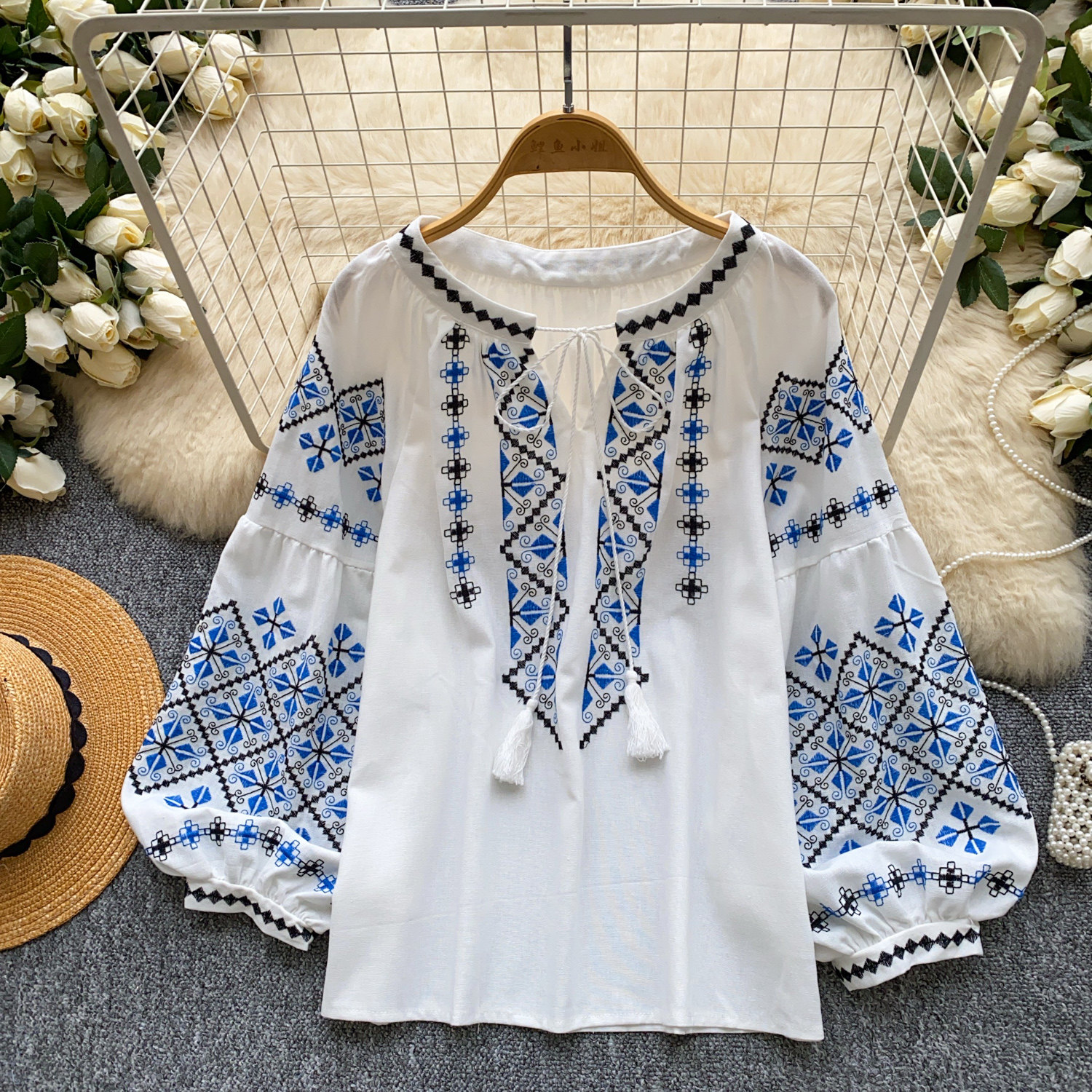 Chemisier Bohème Ethnique Brodé pour Femme, Manches Longues, Coupe Ample, Franges, Haut à Nouer, Manches Lanterne, Chemise OL, Blusa BL425