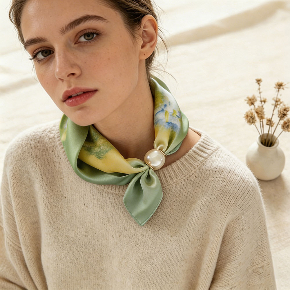 Écharpe de luxe pour femme en soie fine, avec pendentif magnétique, chaîne de clavicule à boucle, perle, bandeau décontracté, foulard, bandeaux pour cheveux Femme